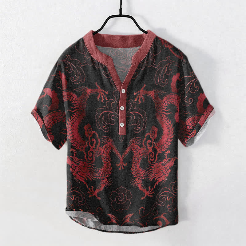 Nimara Ritual Cotton Dragon Cloud Emblem Men's Short Sleeve Half Button Shirt