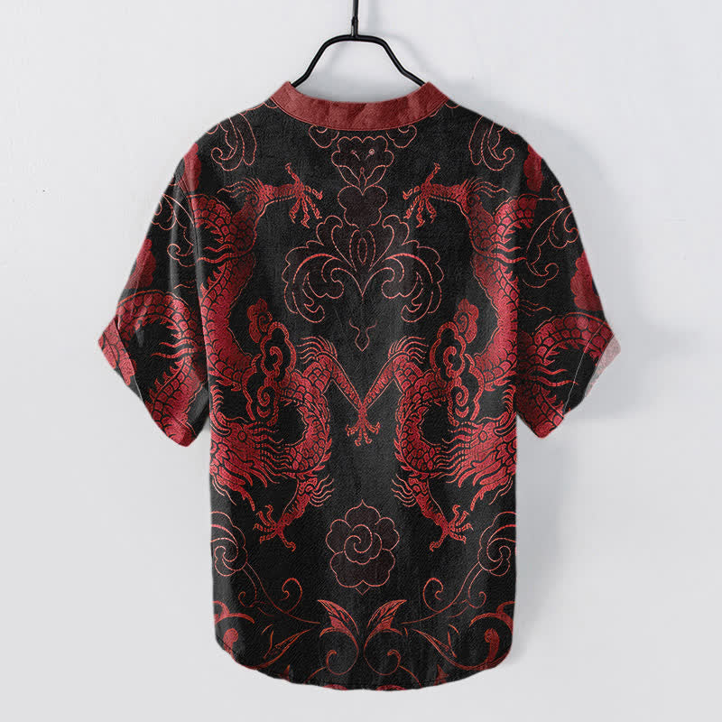 Nimara Ritual Cotton Dragon Cloud Emblem Men's Short Sleeve Half Button Shirt