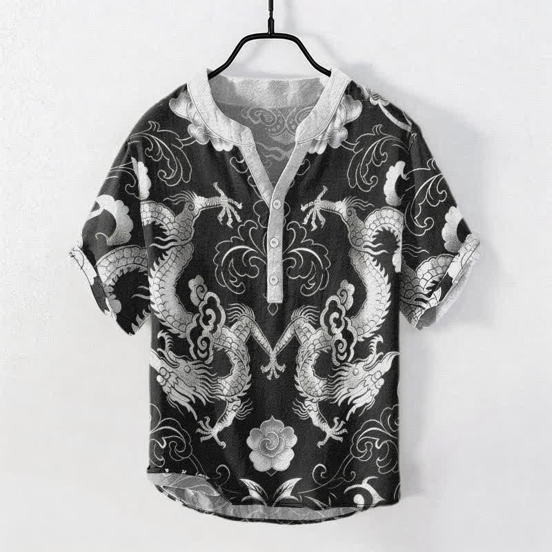Nimara Ritual Cotton Dragon Cloud Emblem Men's Short Sleeve Half Button Shirt
