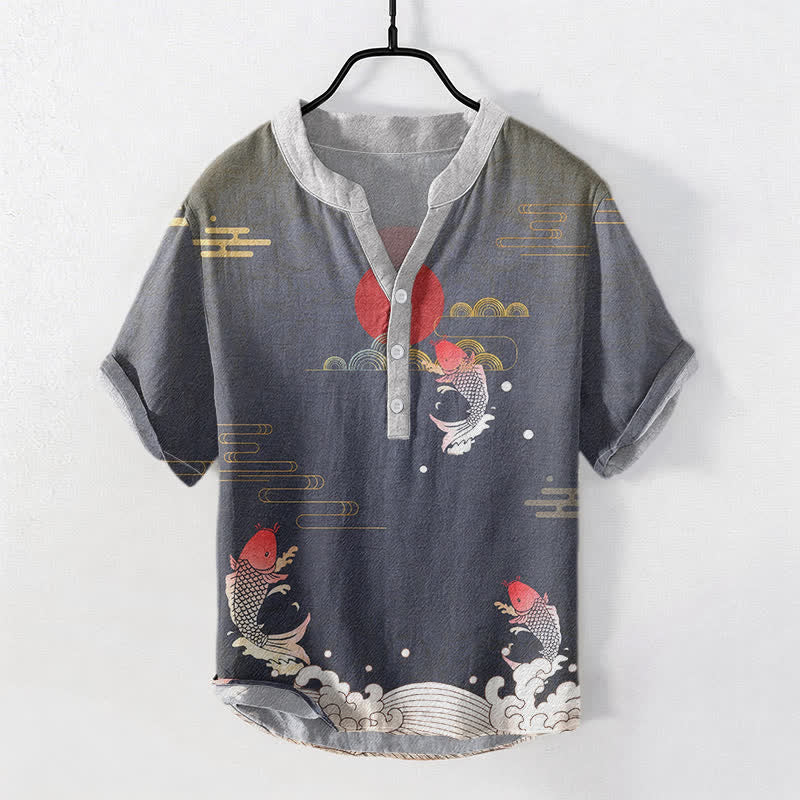Nimara Ritual Cotton Koi Fish Red Sun Cloud Emblem Men's Short Sleeve Half Button Shirt