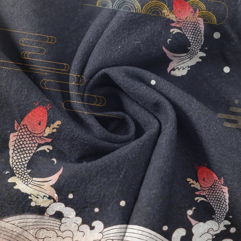 Nimara Ritual Cotton Koi Fish Red Sun Cloud Emblem Men's Short Sleeve Half Button Shirt