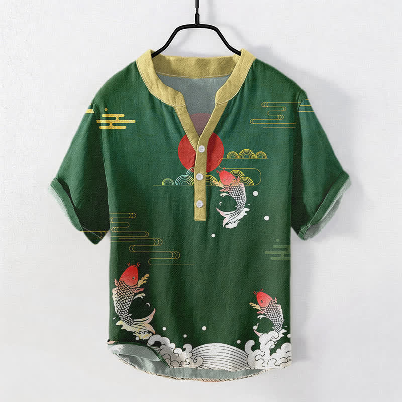 Nimara Ritual Cotton Koi Fish Red Sun Cloud Emblem Men's Short Sleeve Half Button Shirt