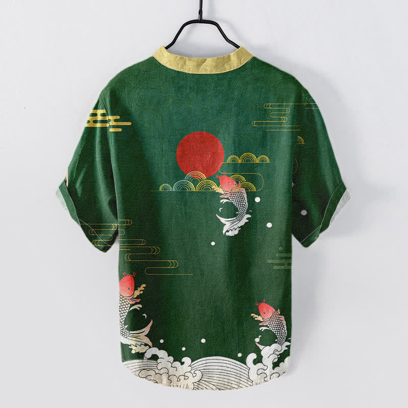 Nimara Ritual Cotton Koi Fish Red Sun Cloud Emblem Men's Short Sleeve Half Button Shirt