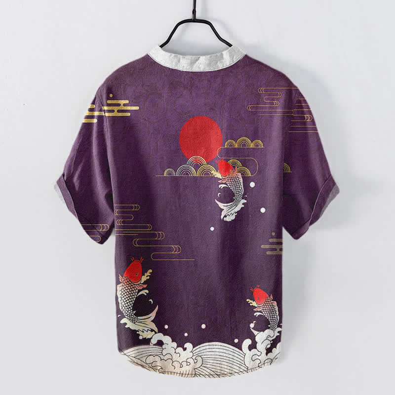 Nimara Ritual Cotton Koi Fish Red Sun Cloud Emblem Men's Short Sleeve Half Button Shirt