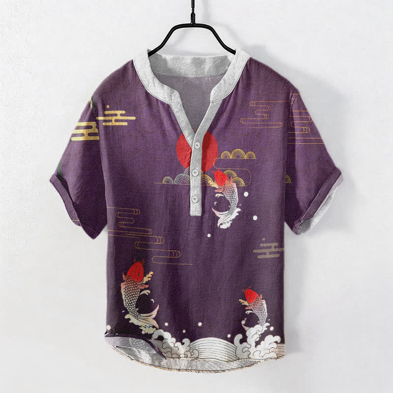 Nimara Ritual Cotton Koi Fish Red Sun Cloud Emblem Men's Short Sleeve Half Button Shirt