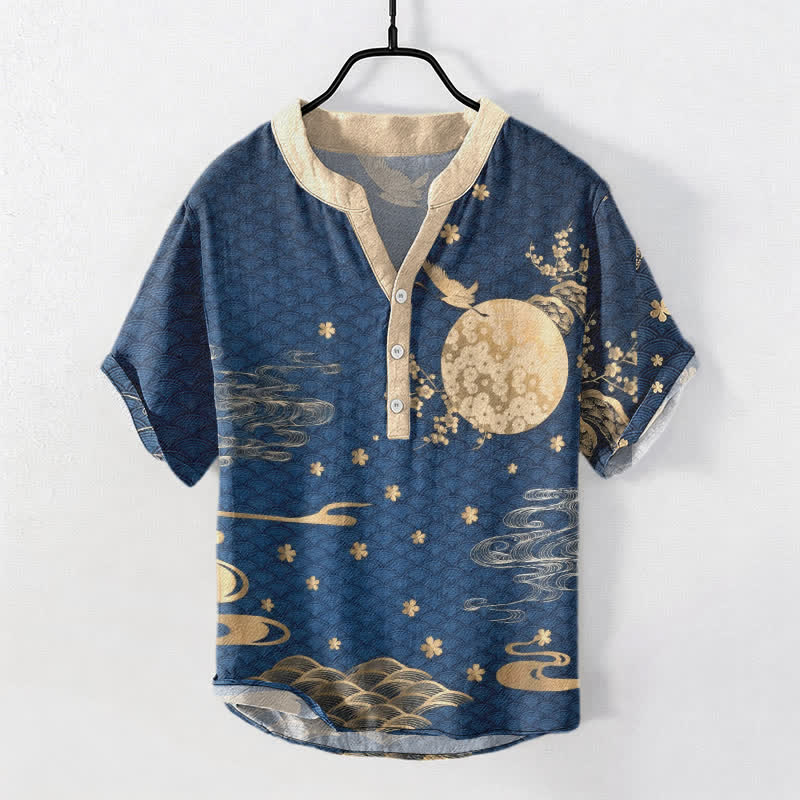 Nimara Ritual Cotton Plum Blossom Full Moon Crane Emblem Men's Short Sleeve Half Button Shirt