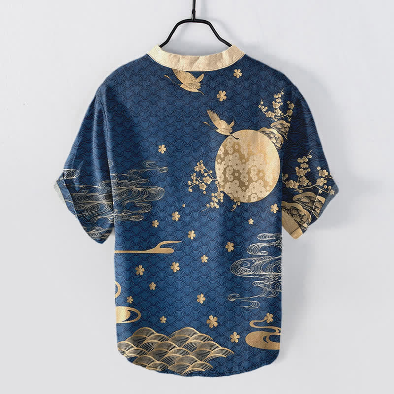 Nimara Ritual Cotton Plum Blossom Full Moon Crane Emblem Men's Short Sleeve Half Button Shirt