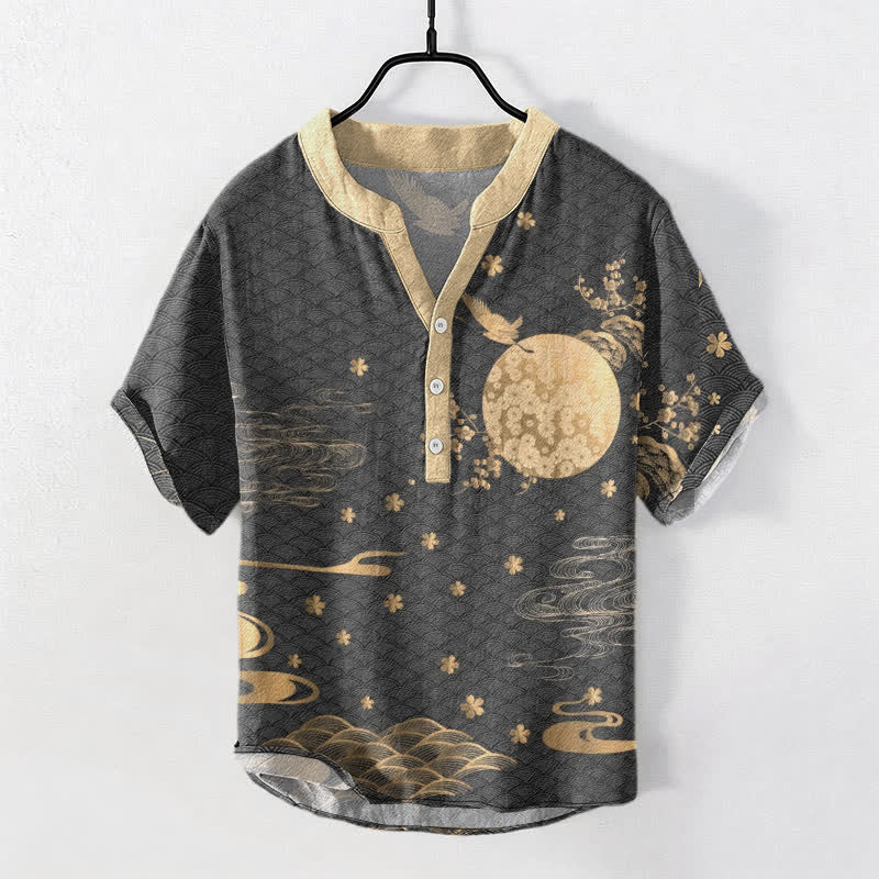 Nimara Ritual Cotton Plum Blossom Full Moon Crane Emblem Men's Short Sleeve Half Button Shirt