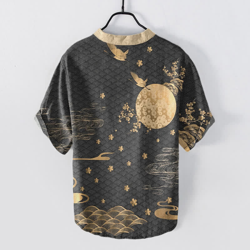 Nimara Ritual Cotton Plum Blossom Full Moon Crane Emblem Men's Short Sleeve Half Button Shirt