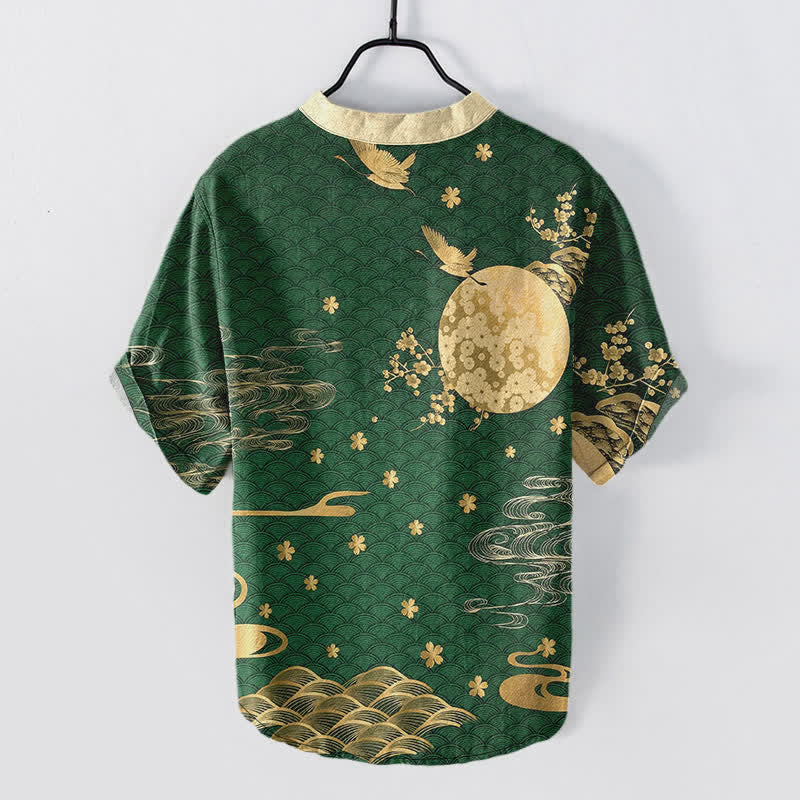 Nimara Ritual Cotton Plum Blossom Full Moon Crane Emblem Men's Short Sleeve Half Button Shirt