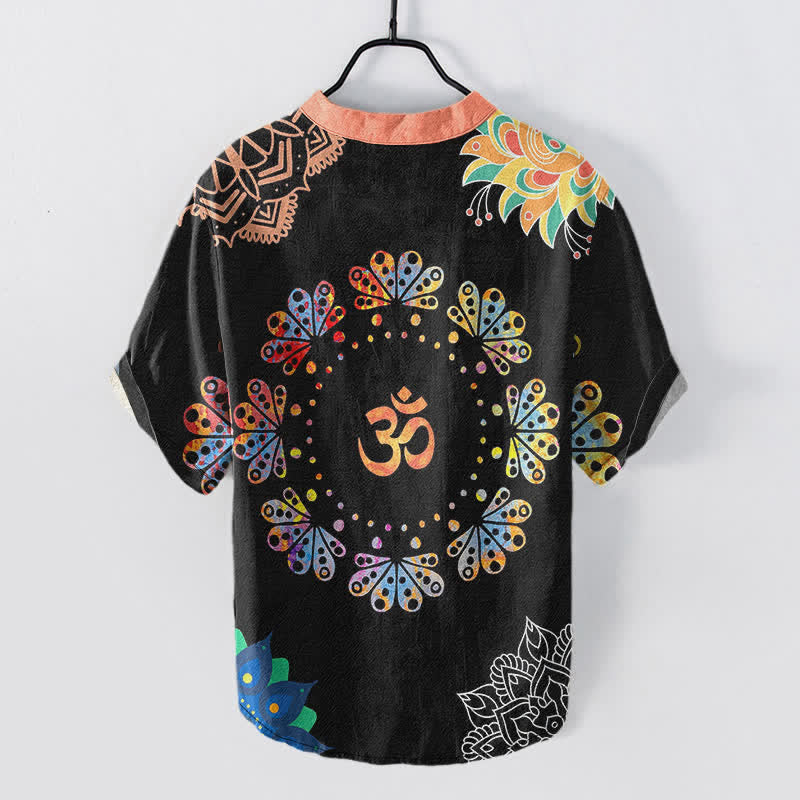 Nimara Ritual Cotton Om Lotus Mandala Peacock Emblem Men's Short Sleeve Half Button Shirt