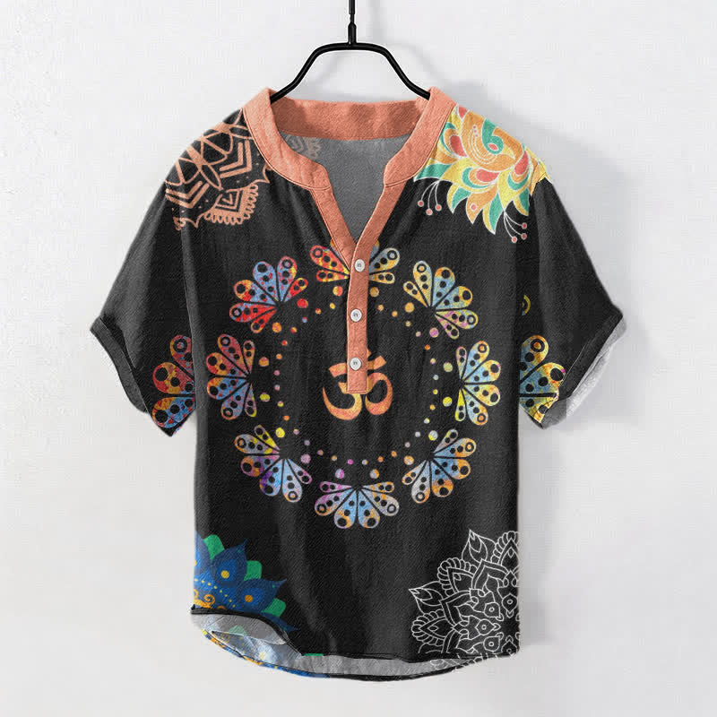 Nimara Ritual Cotton Om Lotus Mandala Peacock Emblem Men's Short Sleeve Half Button Shirt