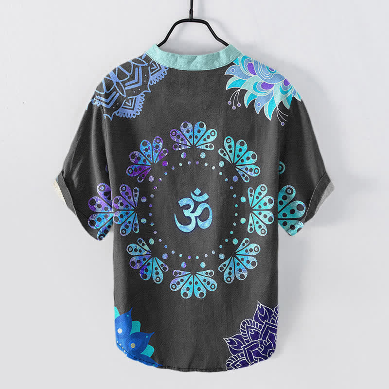 Nimara Ritual Cotton Om Lotus Mandala Peacock Emblem Men's Short Sleeve Half Button Shirt