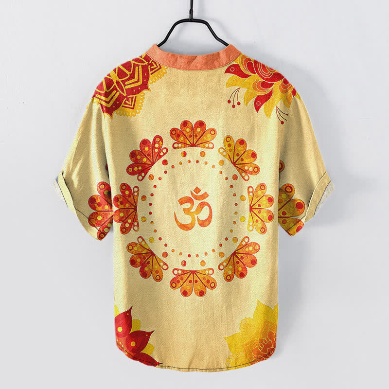 Nimara Ritual Cotton Om Lotus Mandala Peacock Emblem Men's Short Sleeve Half Button Shirt