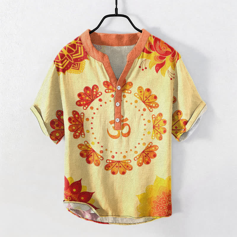Nimara Ritual Cotton Om Lotus Mandala Peacock Emblem Men's Short Sleeve Half Button Shirt