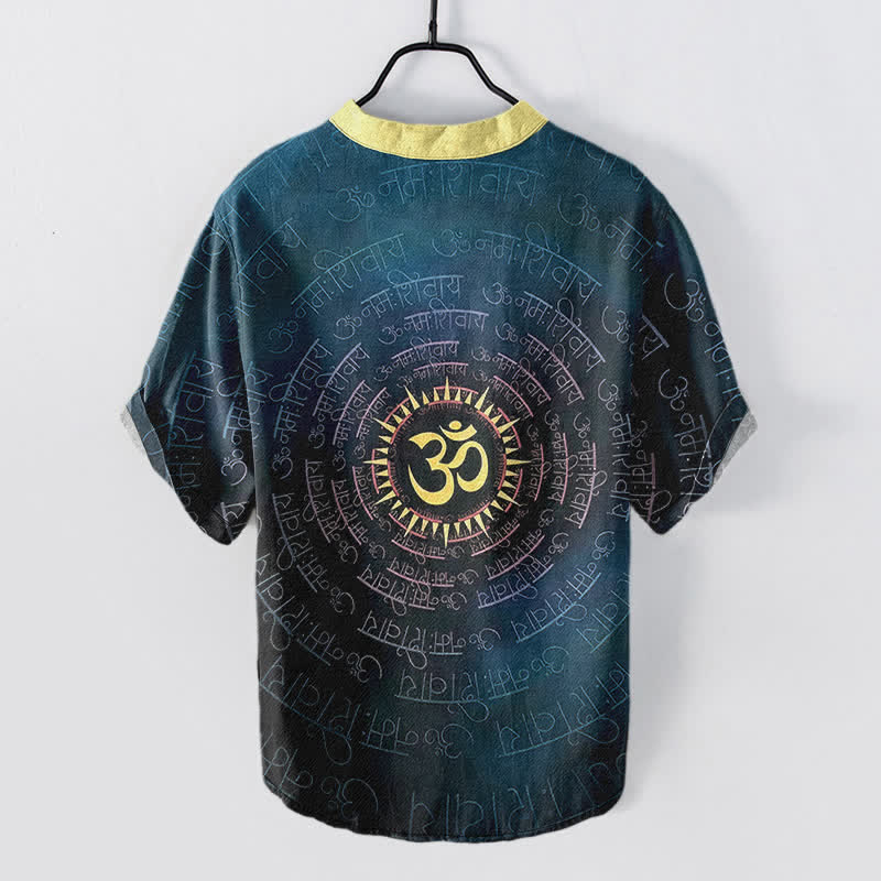 Nimara Ritual Cotton Om Mantra Emblem Men's Short Sleeve Half Button Shirt