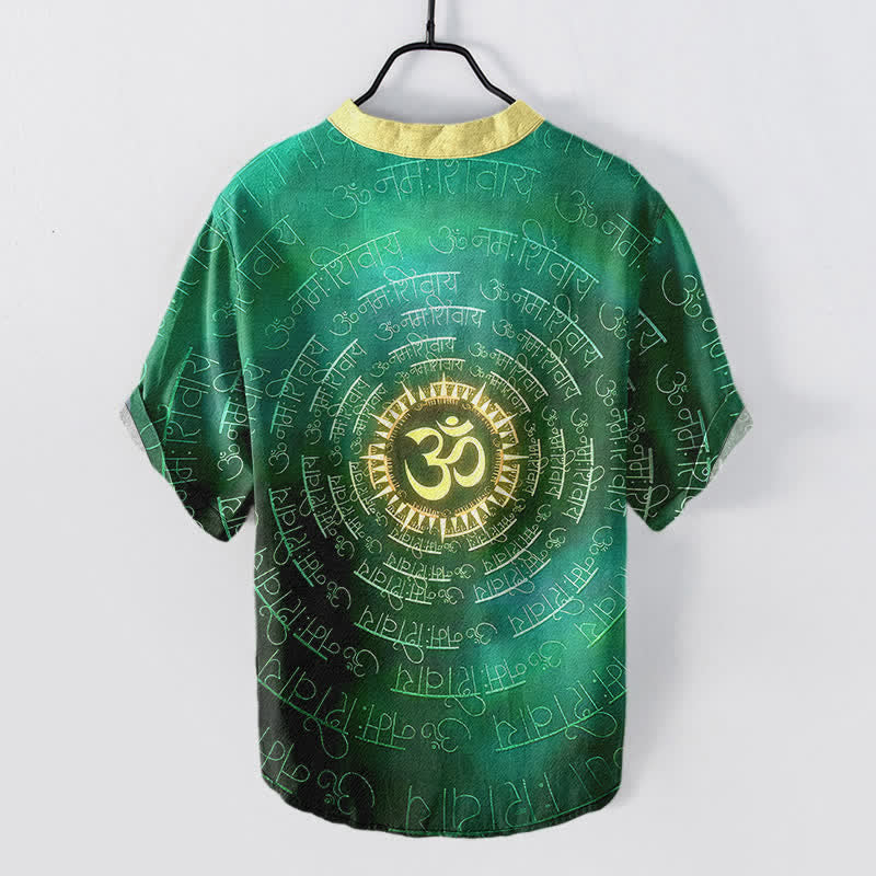 Nimara Ritual Cotton Om Mantra Emblem Men's Short Sleeve Half Button Shirt