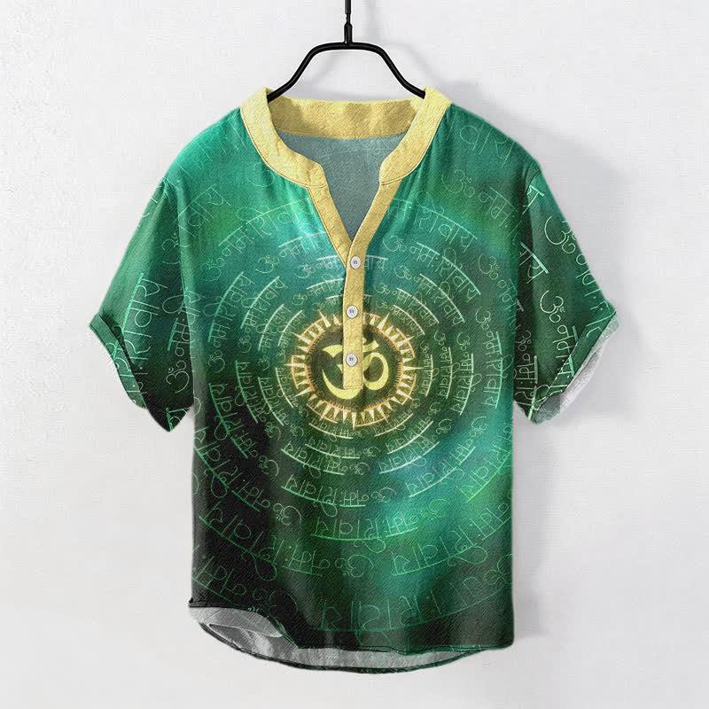 Nimara Ritual Cotton Om Mantra Emblem Men's Short Sleeve Half Button Shirt