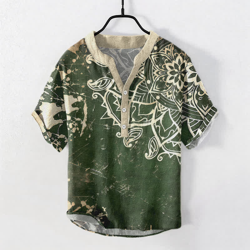 Nimara Ritual Cotton Lotus Mandala Emblem Men's Short Sleeve Half Button Shirt