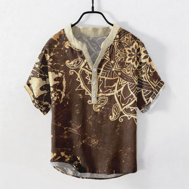 Nimara Ritual Cotton Lotus Mandala Emblem Men's Short Sleeve Half Button Shirt