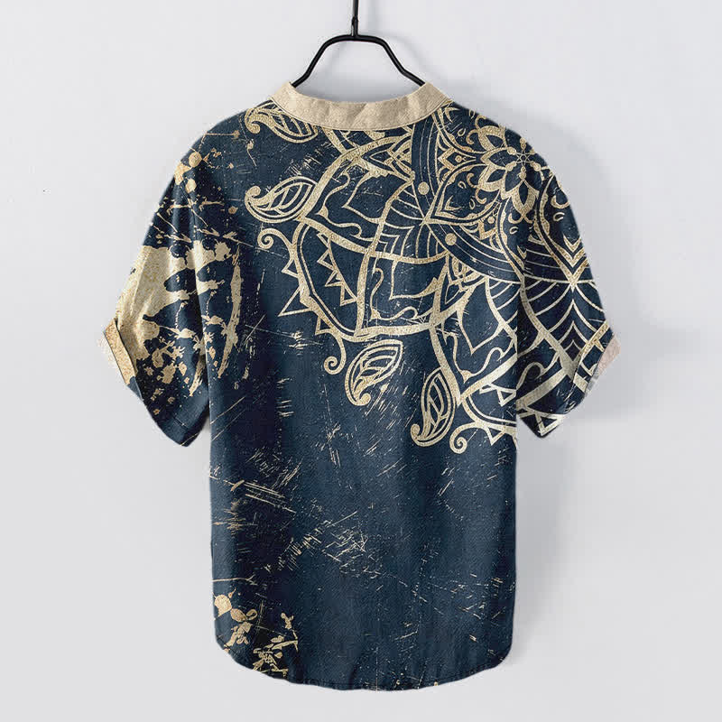 Nimara Ritual Cotton Lotus Mandala Emblem Men's Short Sleeve Half Button Shirt