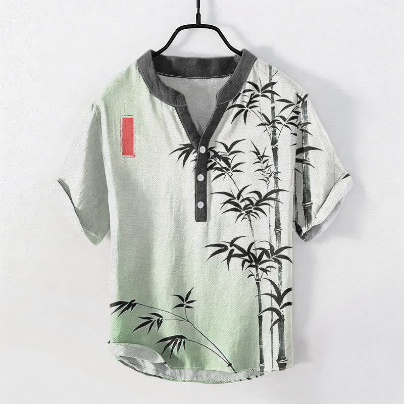 Nimara Ritual Cotton Bamboo Emblem Men's Short Sleeve Half Button Shirt