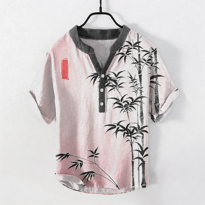 Nimara Ritual Cotton Bamboo Emblem Men's Short Sleeve Half Button Shirt