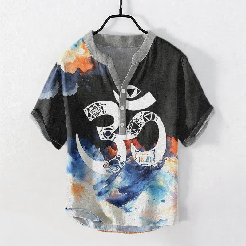 Nimara Ritual Cotton Om Chakra Emblem Men's Short Sleeve Half Button Shirt
