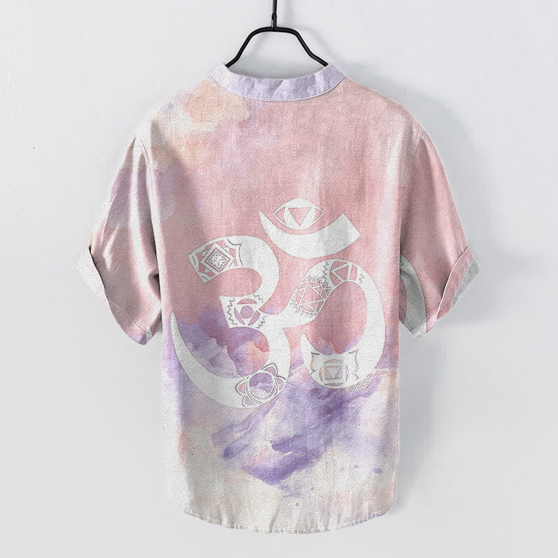 Nimara Ritual Cotton Om Chakra Emblem Men's Short Sleeve Half Button Shirt