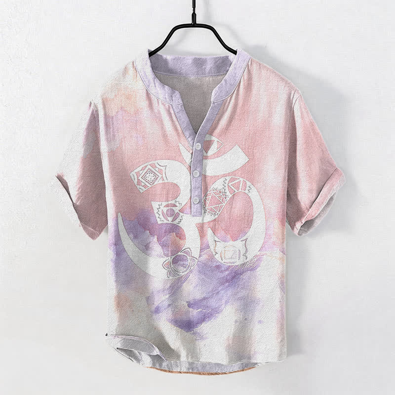 Nimara Ritual Cotton Om Chakra Emblem Men's Short Sleeve Half Button Shirt