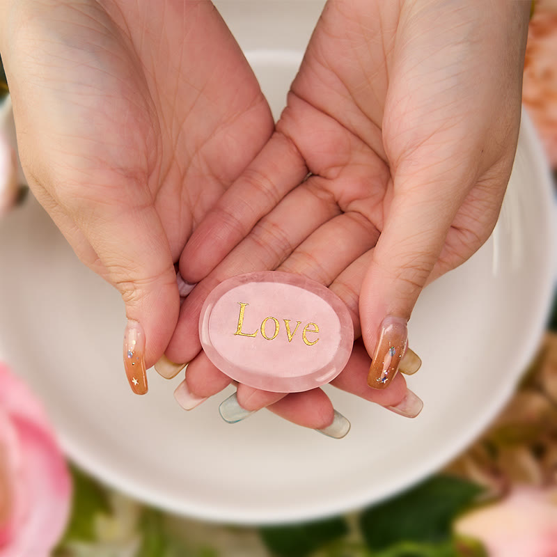 Nimara Ritual LOVE Engraved Natural Rose Quartz Palm Stone Healing Crystal Decor