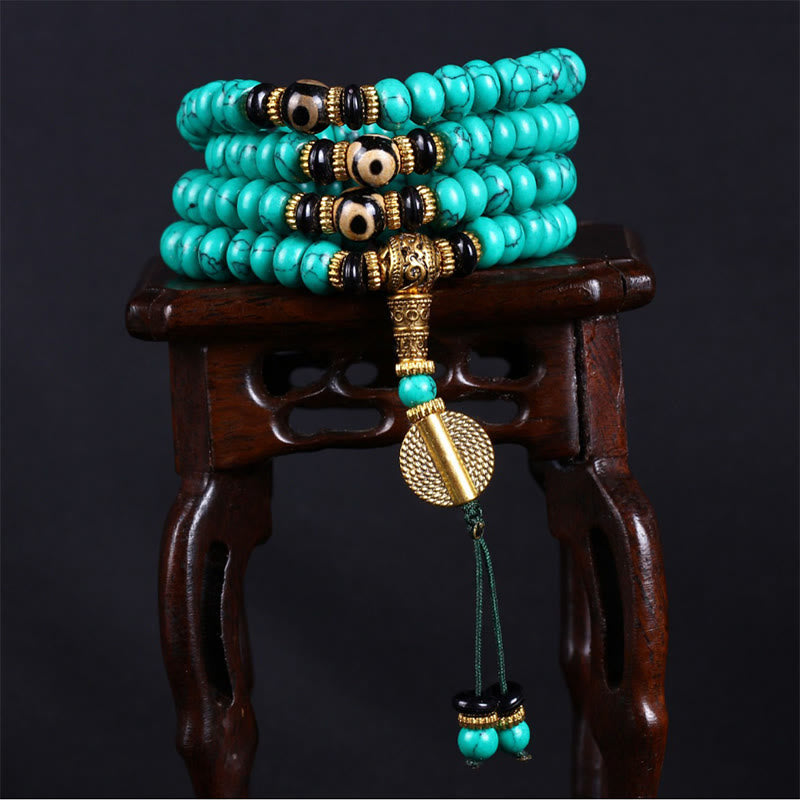 Nimara Ritual Tibetan 108 Beads Turquoise Dzi Bead Wisdom Balance Mala