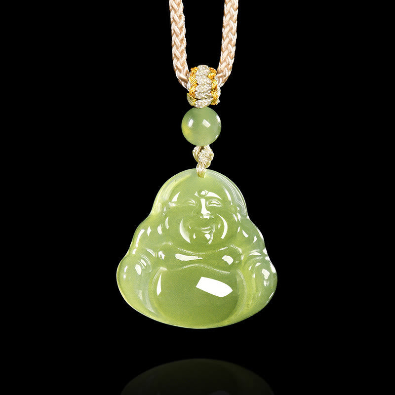 Nimara Ritual Green Jade Laughing Buddha Prosperity Rope Necklace Pendant