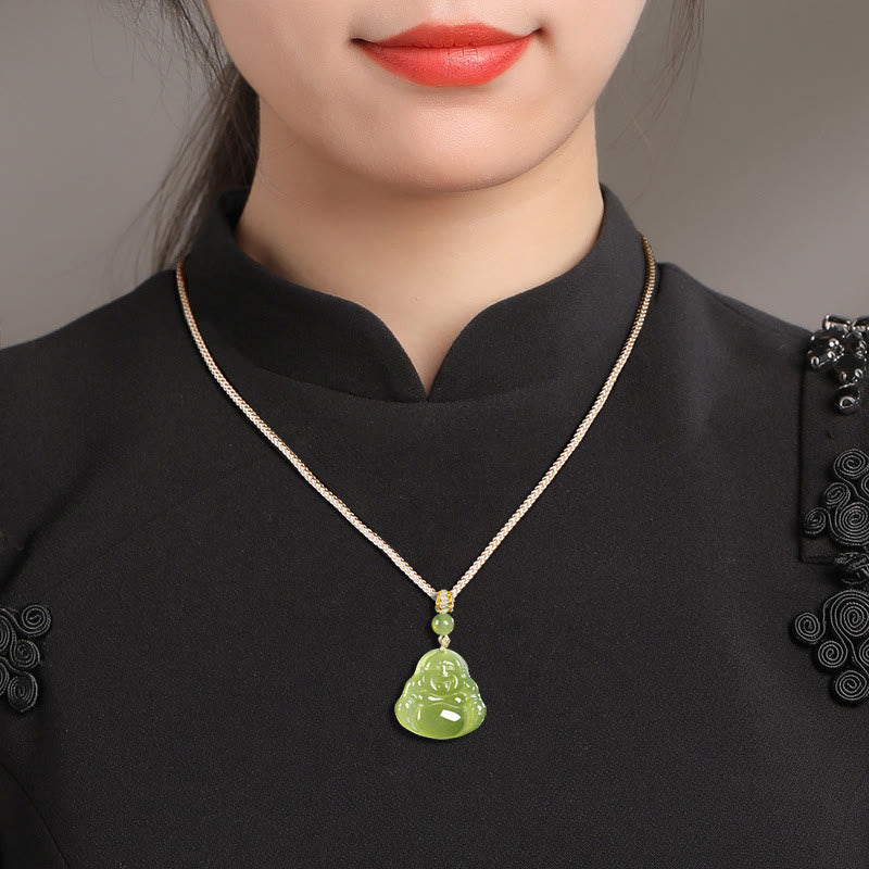 Nimara Ritual Green Jade Laughing Buddha Prosperity Rope Necklace Pendant