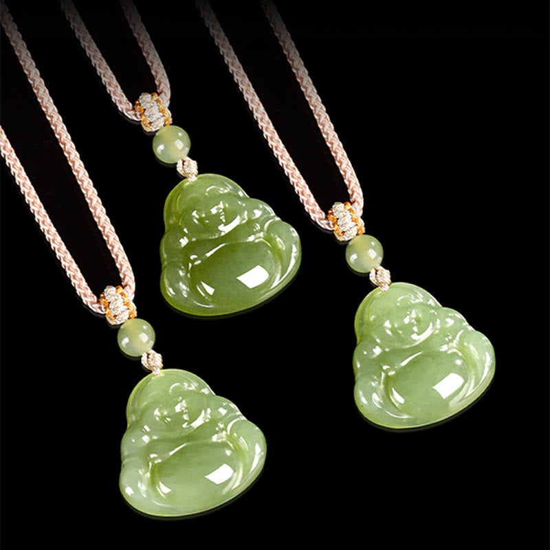 Nimara Ritual Green Jade Laughing Buddha Prosperity Rope Necklace Pendant