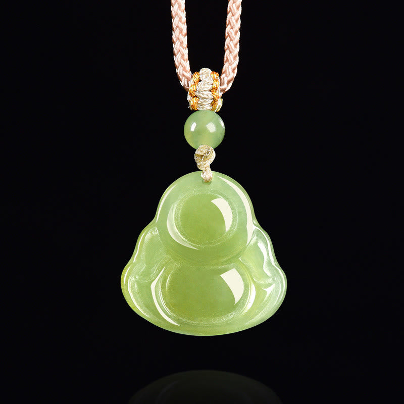Nimara Ritual Green Jade Laughing Buddha Prosperity Rope Necklace Pendant