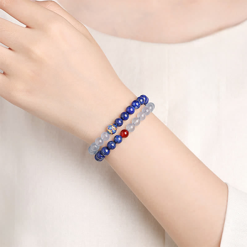 Nimara Ritual Lapis Lazuli Aquamarine Red Agate Double Wrap Design Balance Bracelet
