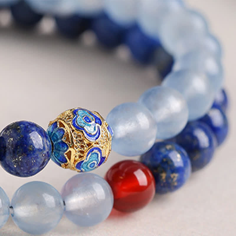 Nimara Ritual Lapis Lazuli Aquamarine Red Agate Double Wrap Design Balance Bracelet