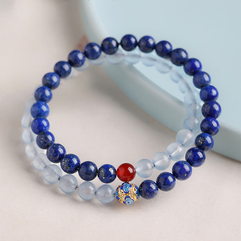 Nimara Ritual Lapis Lazuli Aquamarine Red Agate Double Wrap Design Balance Bracelet