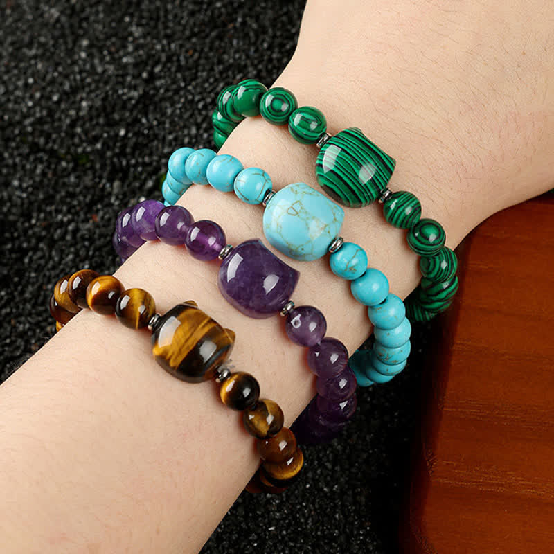 Nimara Ritual Cute Cat Design Blue Lace Agate Clear Quartz Beaded Bracelet