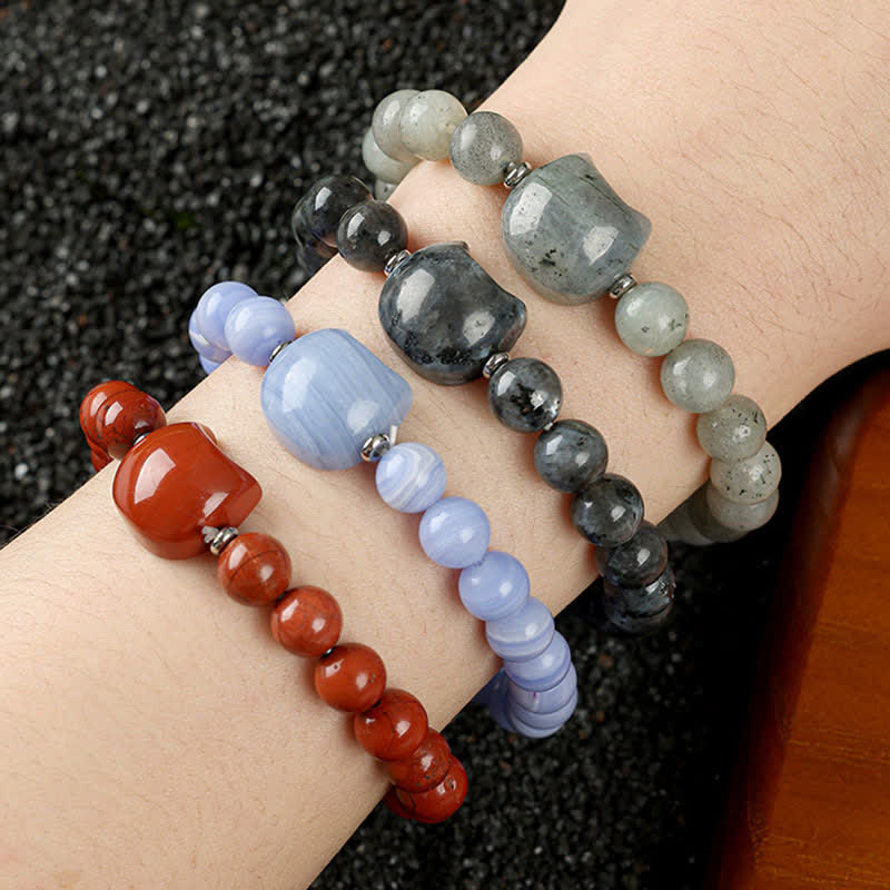 Nimara Ritual Cute Cat Design Blue Lace Agate Clear Quartz Beaded Bracelet
