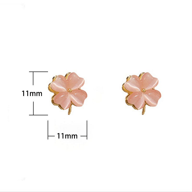 Nimara Ritual Rotatable Design Four-Leaf Flower Pink Cat's Eye Support Stud Earrings
