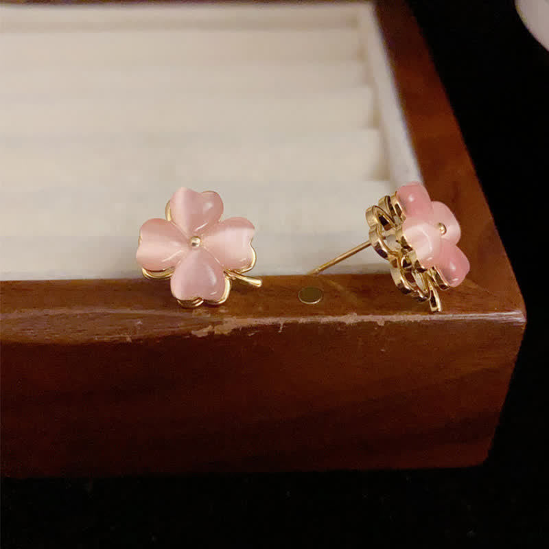 Nimara Ritual Rotatable Design Four-Leaf Flower Pink Cat's Eye Support Stud Earrings