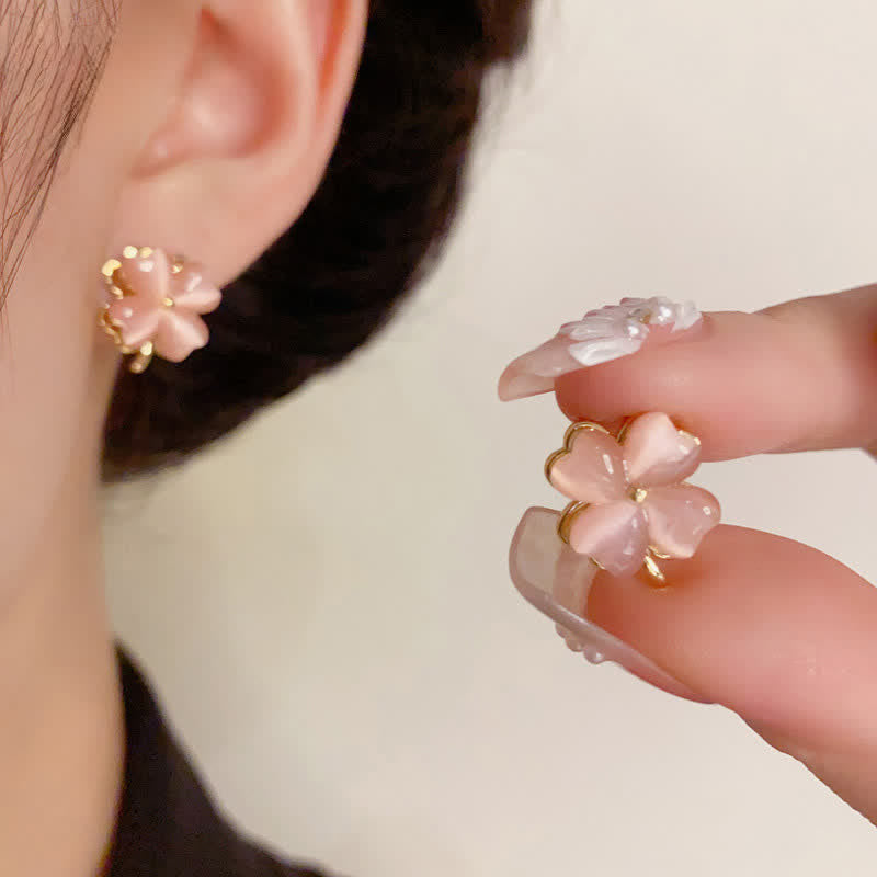 Nimara Ritual Rotatable Design Four-Leaf Flower Pink Cat's Eye Support Stud Earrings