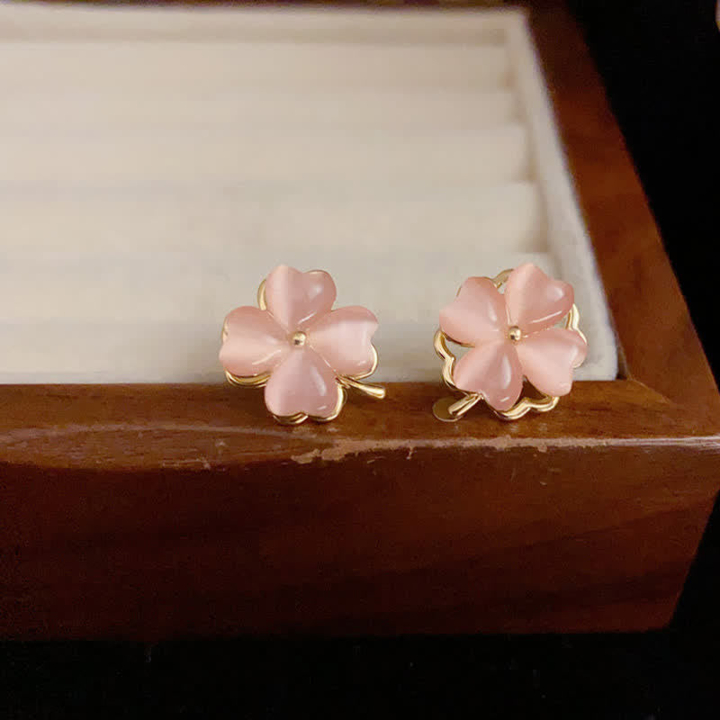 Nimara Ritual Rotatable Design Four-Leaf Flower Pink Cat's Eye Support Stud Earrings