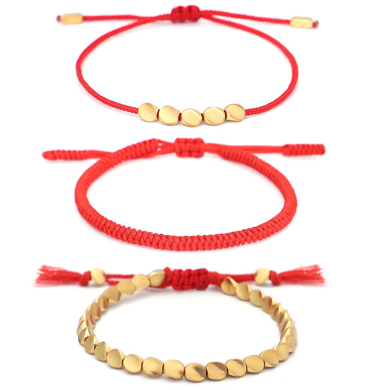 Luck and Strength 3Pcs Golden Copper Beads Red String Bracelet