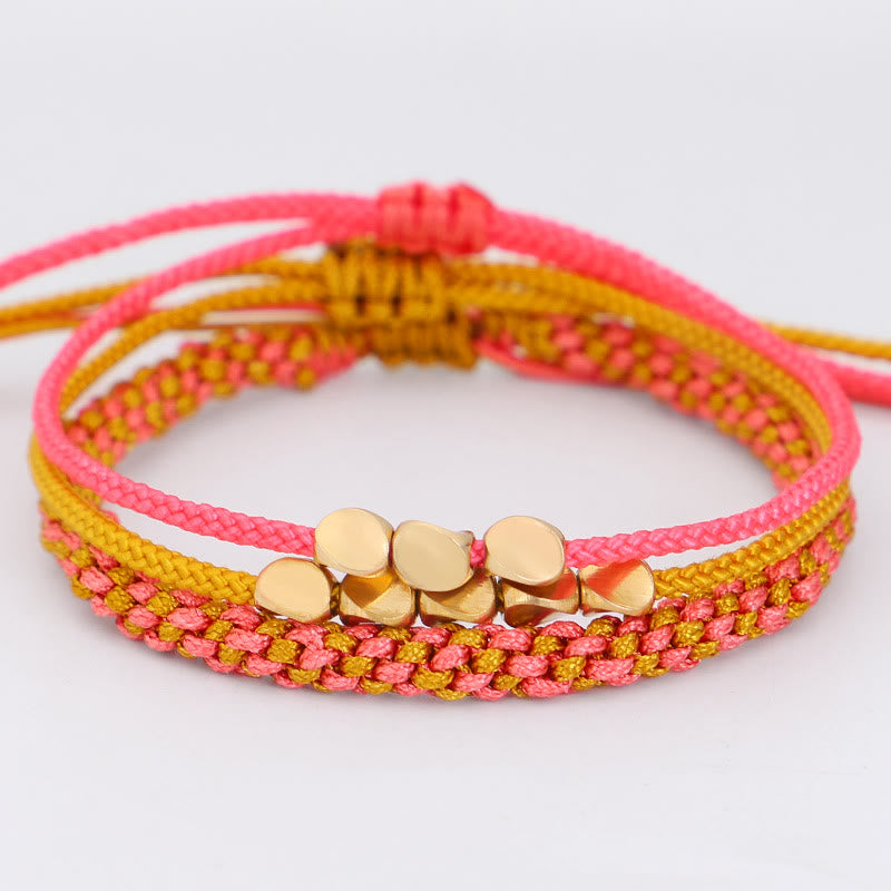 Healing and Wealth 3Pcs Pink Yellow String Golden Copper Beads Bracelet