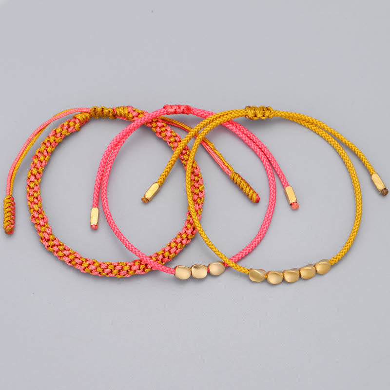 Healing and Wealth 3Pcs Pink Yellow String Golden Copper Beads Bracelet