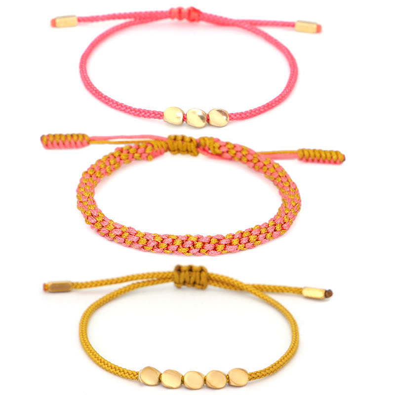 Healing and Wealth 3Pcs Pink Yellow String Golden Copper Beads Bracelet