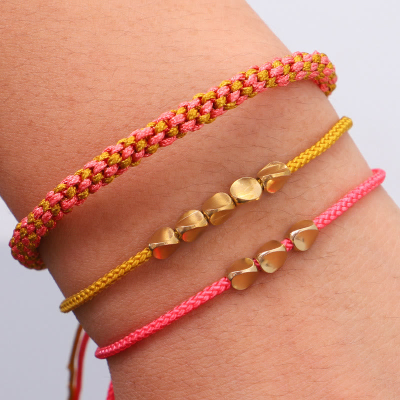 Healing and Wealth 3Pcs Pink Yellow String Golden Copper Beads Bracelet